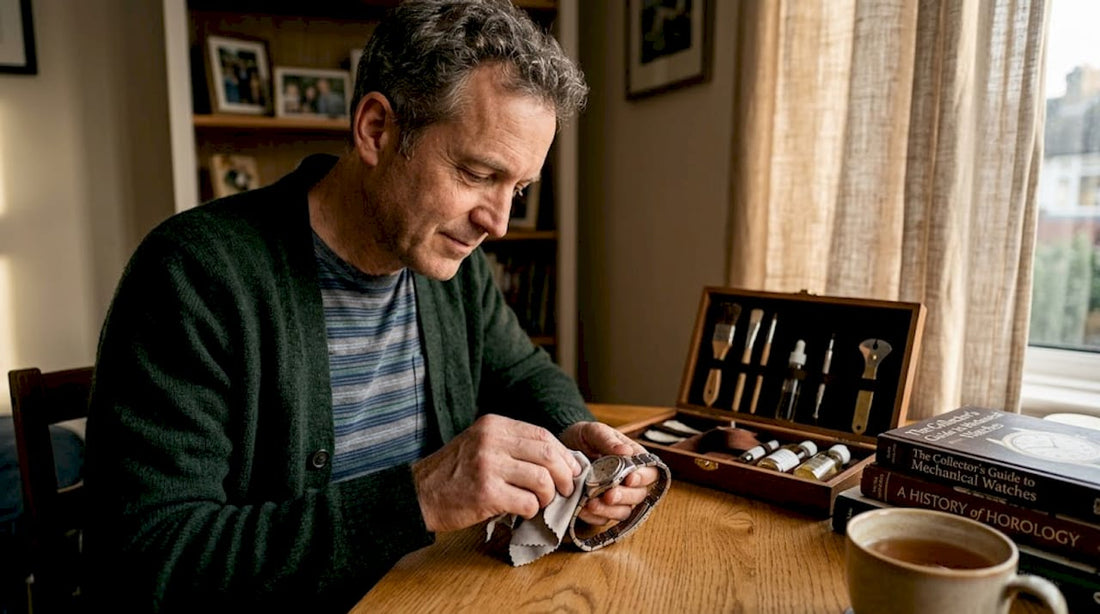 Collector maintaining vintage watch at home
