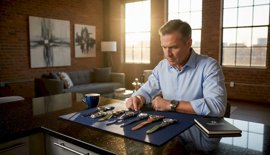 Watch enthusiast comparing luxury watch straps at table