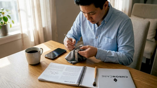 Person cleaning watch strap hardware at home desk