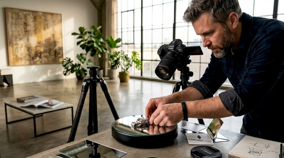 Photographer staging luxury watch in studio