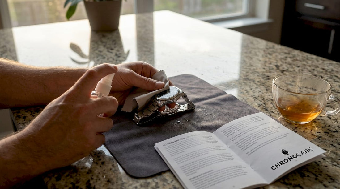 Hands cleaning a wristwatch with spray bottle