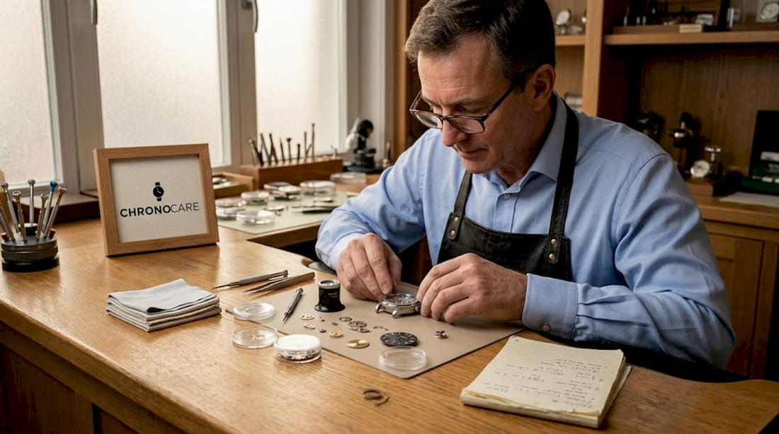 Watch technician inspecting disassembled luxury watch