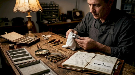 Watchmaker polishing case in busy repair studio