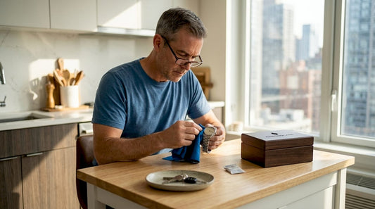 Man wiping wristwatch at kitchen table
