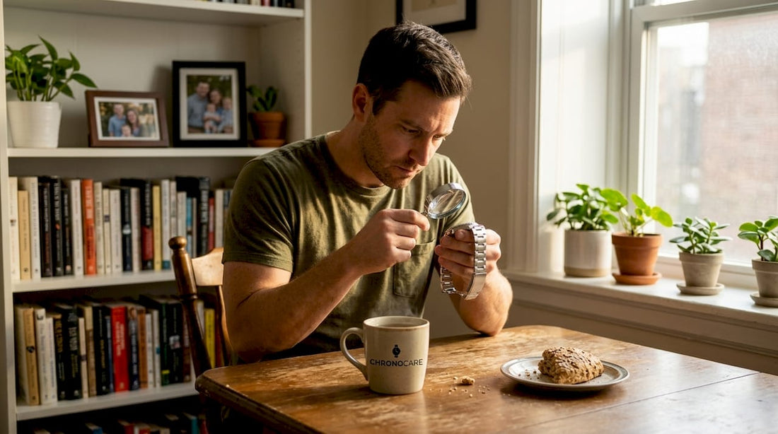 Man inspecting watch bracelet wear at home
