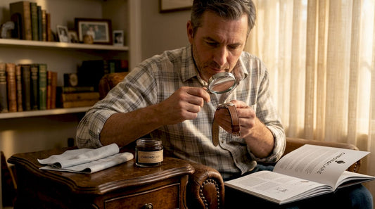Man inspecting watch strap at kitchen table