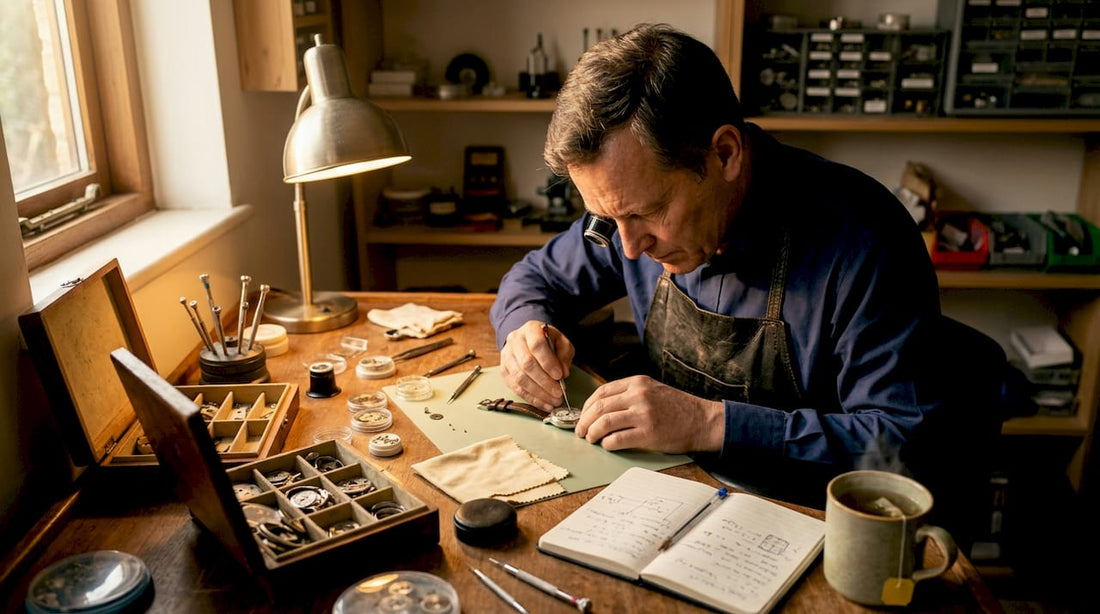 Watchmaker inspecting wristwatch at workbench