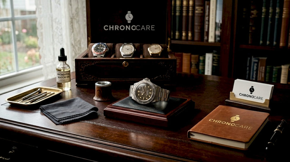 Luxury watch on leather pad with maintenance tools