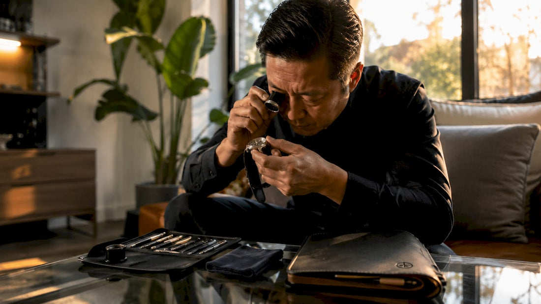 Man inspecting luxury watch closely