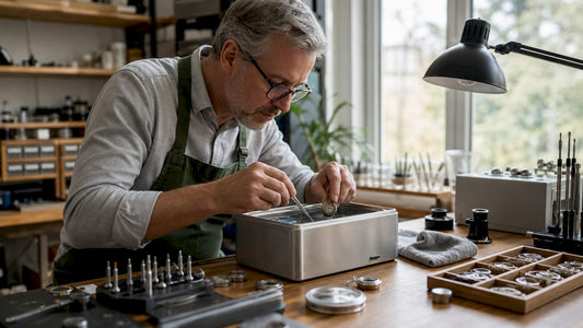Watchmaker placing watch parts in ultrasonic cleaner
