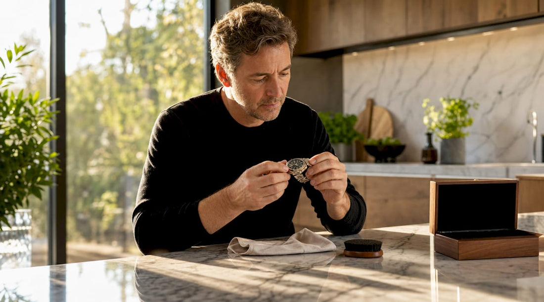 Man inspecting luxury wristwatch at home desk