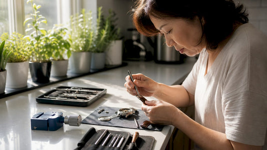 Person adjusting watch strap with tools at home
