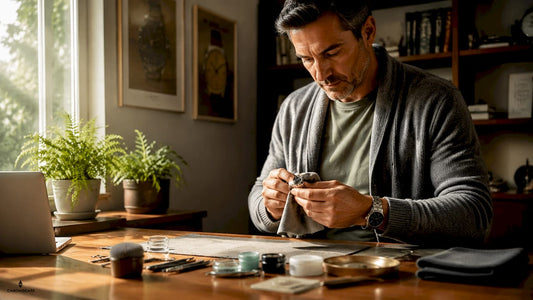 Man polishing luxury watch at workbench