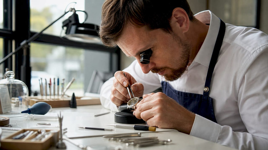 Watchmaker detailing mechanical wristwatch