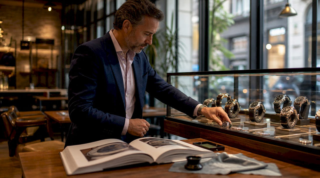 Watch boutique owner arranging luxury watches in display