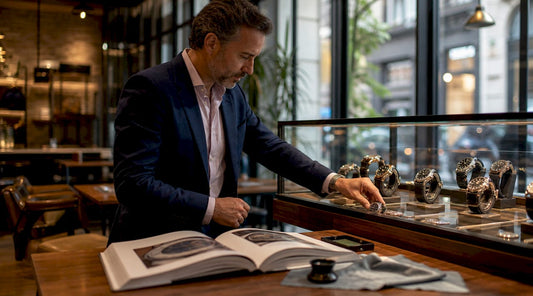 Watch boutique owner arranging luxury watches in display