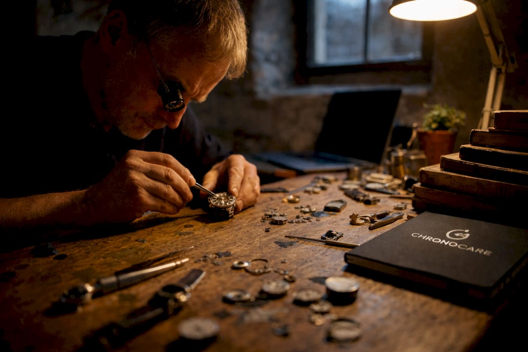 Watchmaker examining vintage watch at workbench