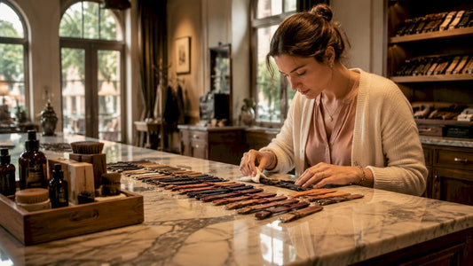 Retailer inspecting leather straps on display table