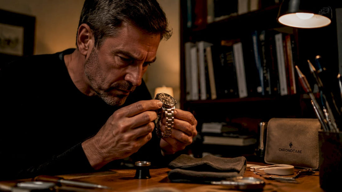 Collector inspecting watch polishing detail closely