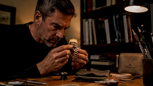 Collector inspecting watch polishing detail closely