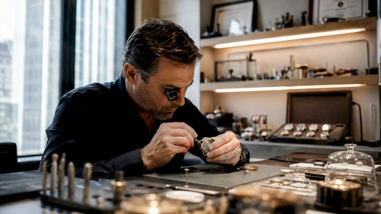 Watchmaker inspecting luxury watch movement