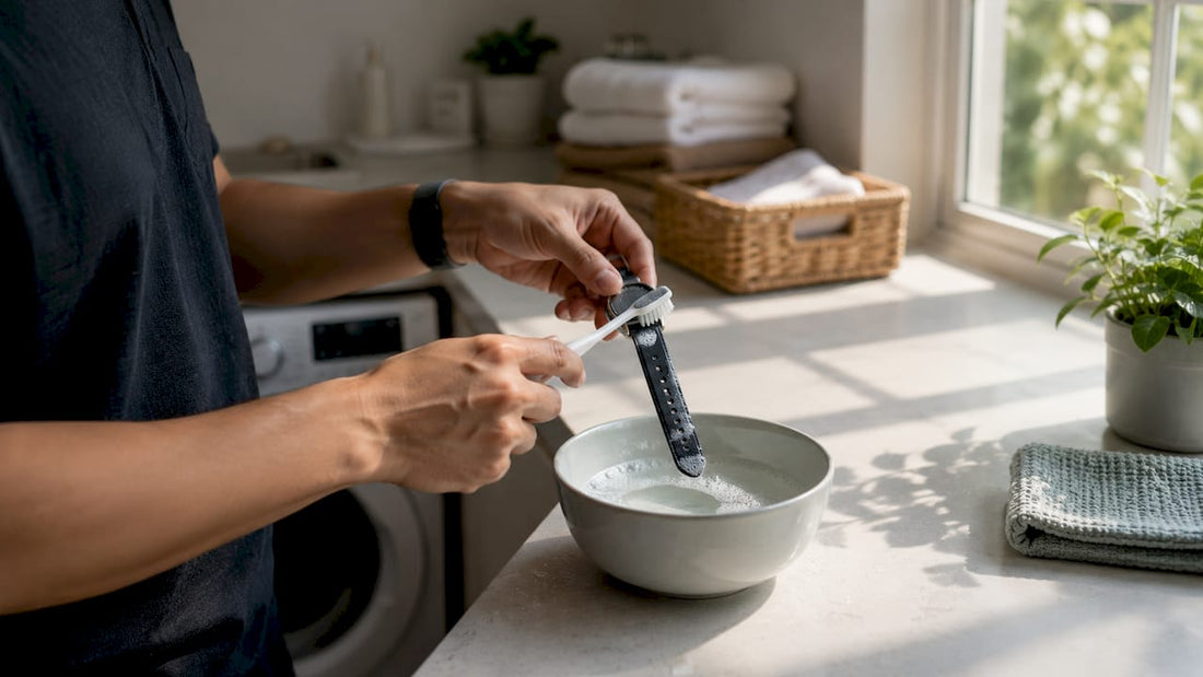 Hands rinsing silicone watch strap under faucet