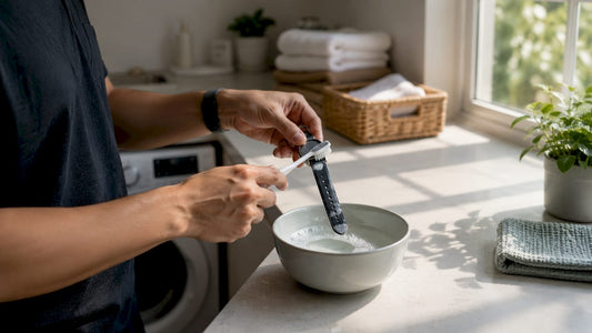 Hands rinsing silicone watch strap under faucet