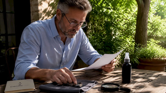 Man reviewing watch care product safety document