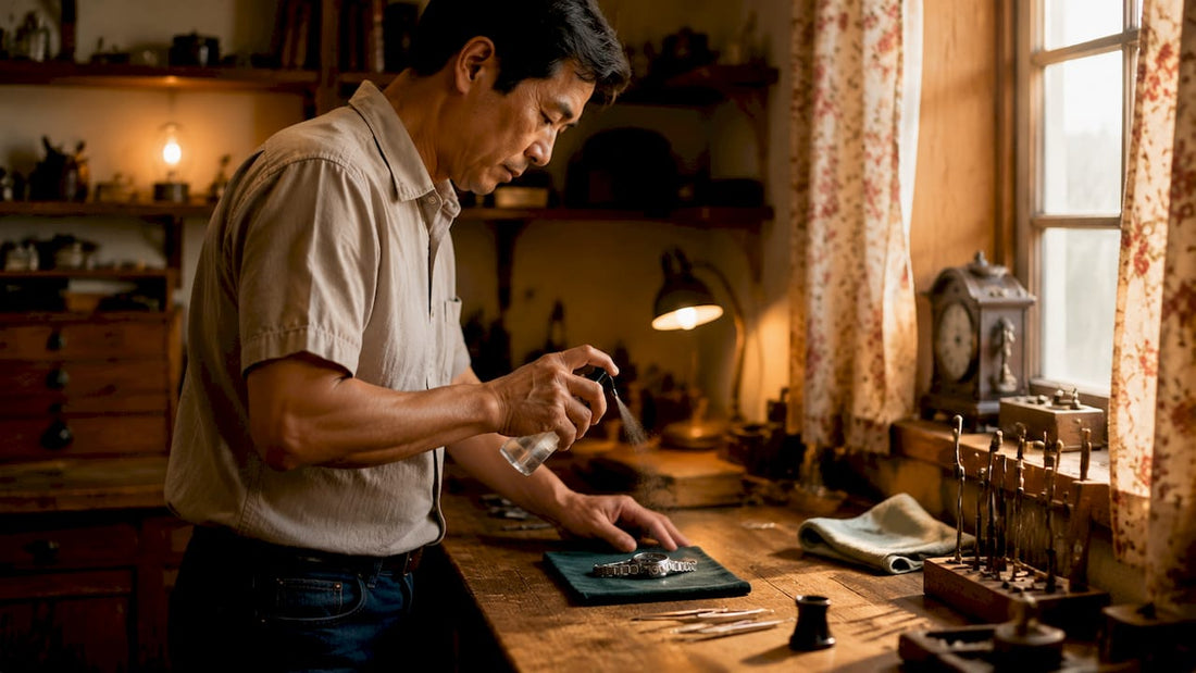 Man applying protective spray on wristwatch