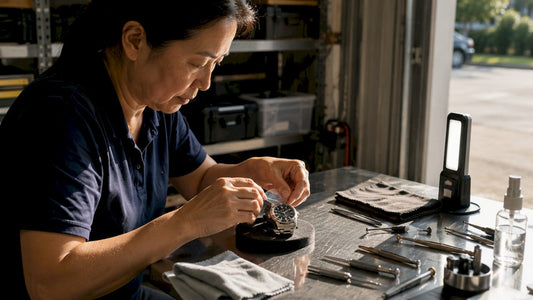 Hands applying TPU film on luxury watch