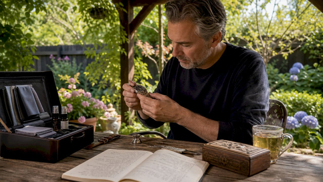 Man examining luxury watch with care products at home