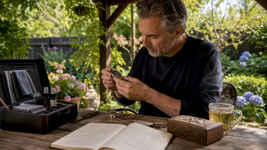 Man examining luxury watch with care products at home