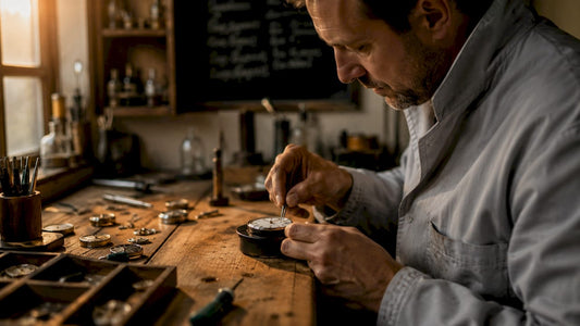 Watchmaker setting watch hands closely