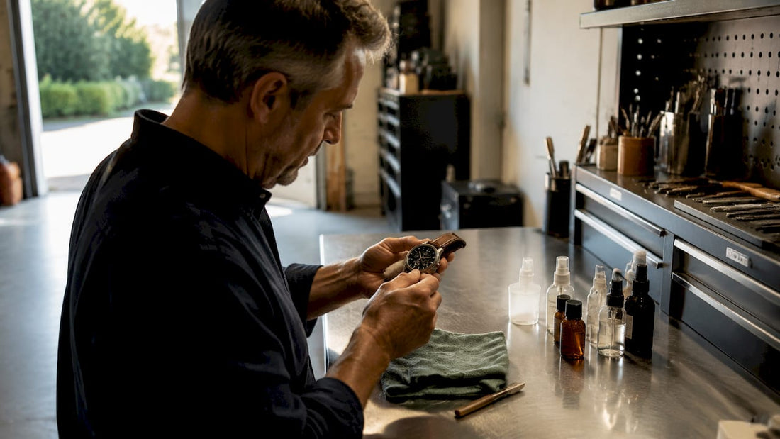 Watch enthusiast cleaning wristwatch at workbench