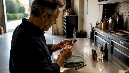 Watch enthusiast cleaning wristwatch at workbench
