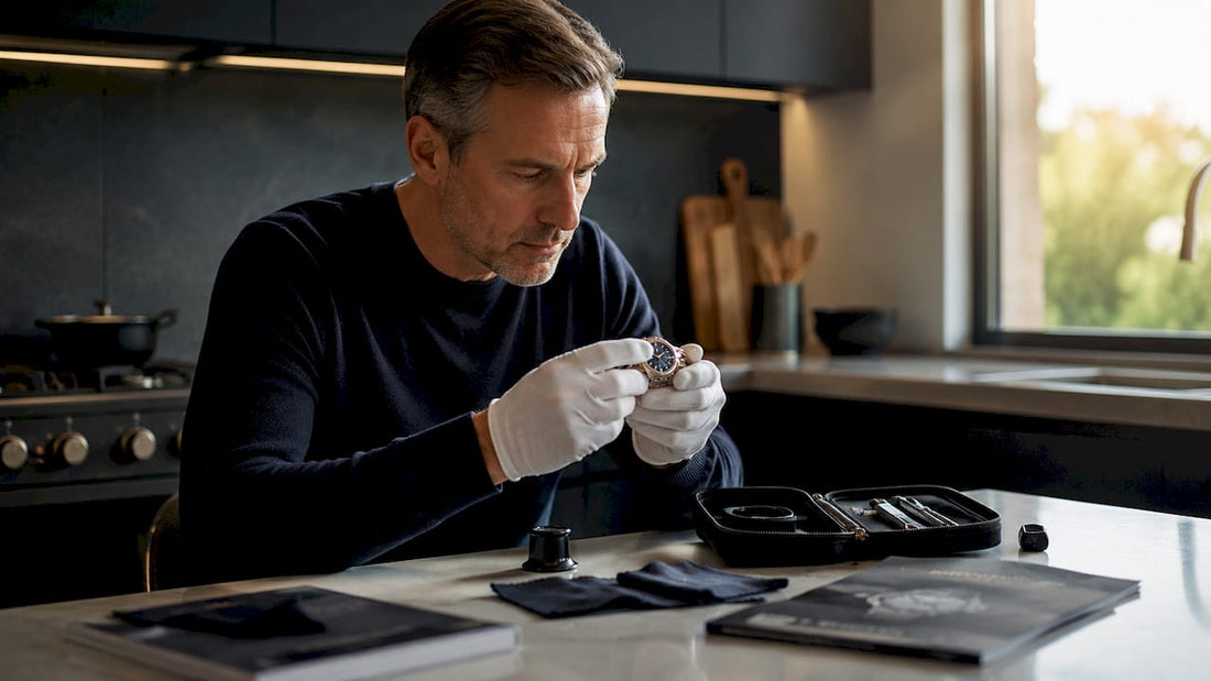 Man inspecting luxury watch in home study