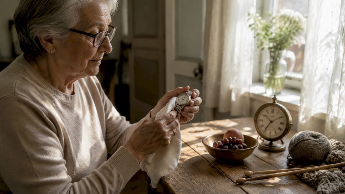 Woman cleaning wristwatch with microfiber cloth