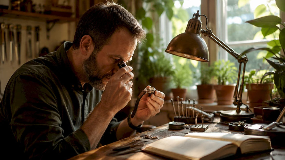 Man closely inspecting mechanical watch