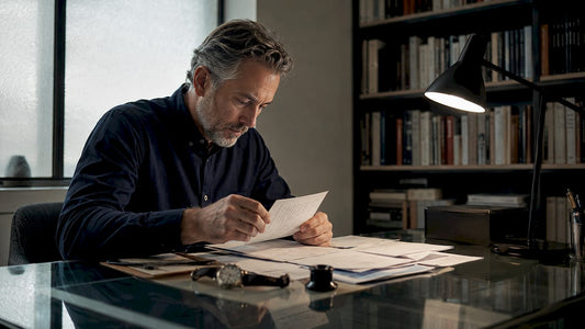 Man examining watch service documents at desk