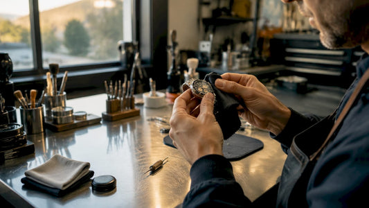 Hands cleaning luxury watch on wooden bench