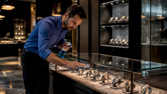 Retailer cleaning watch showroom display
