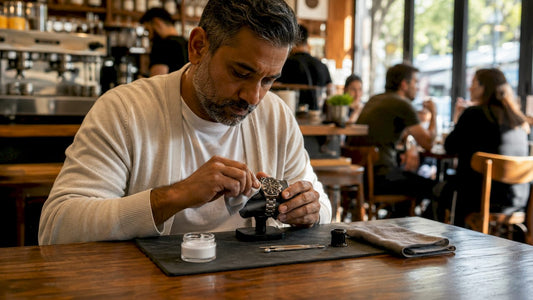 Hands polishing a pre-owned watch on workbench