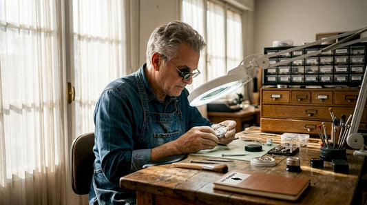 Man inspecting luxury watch with cleaning kits on table