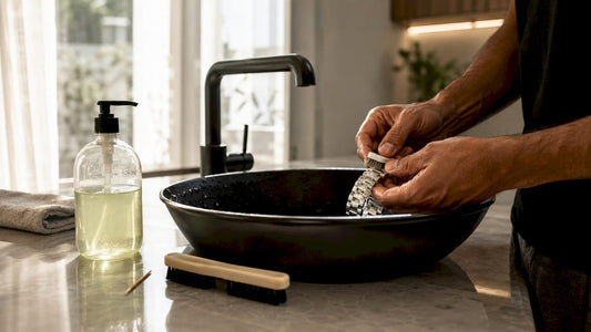 Hands cleaning metal watch bracelet over sink with brush and soap