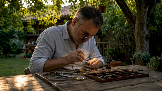 Hobbyist repairing watch at cluttered home workbench