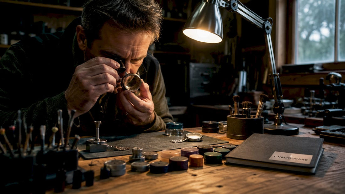 Man inspecting deep scratch on watch case