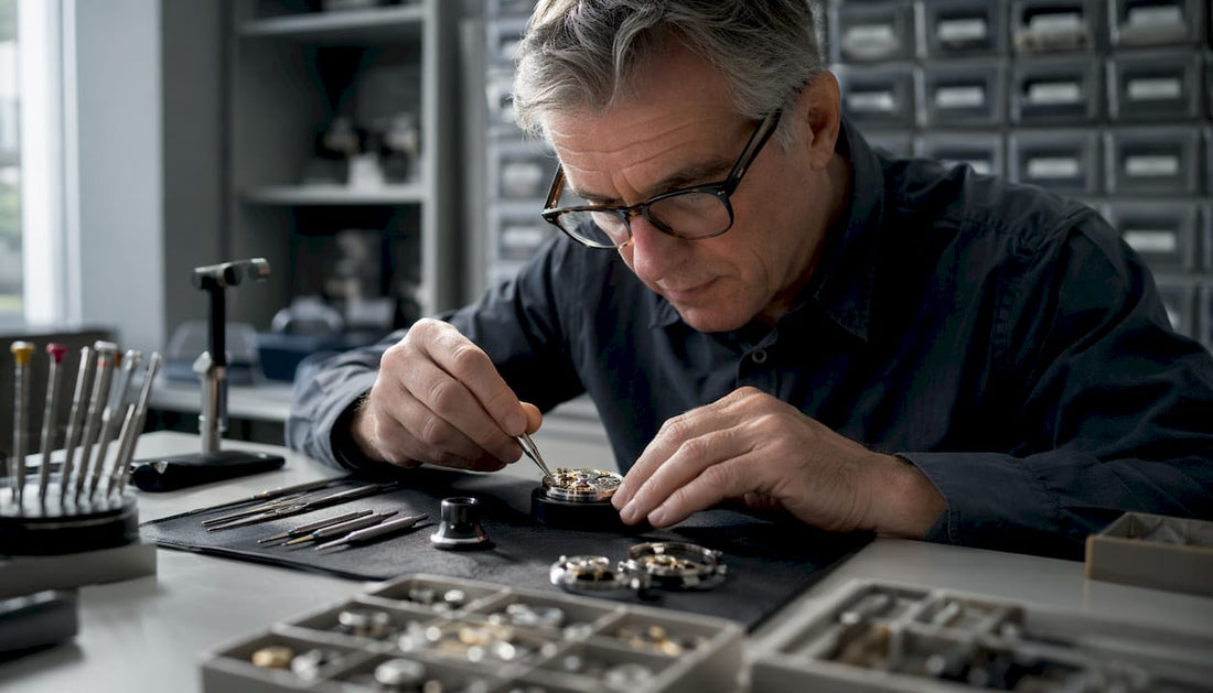 Watchmaker dismantling mechanical watch at workbench