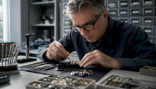Watchmaker dismantling mechanical watch at workbench