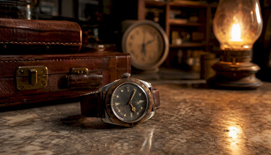 Close-up of vintage watch showing patina on dial and case