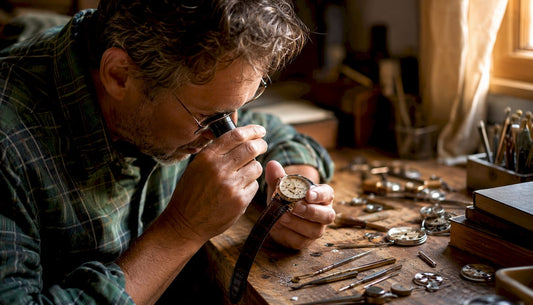 Horologist examining luxury vintage wristwatch closely